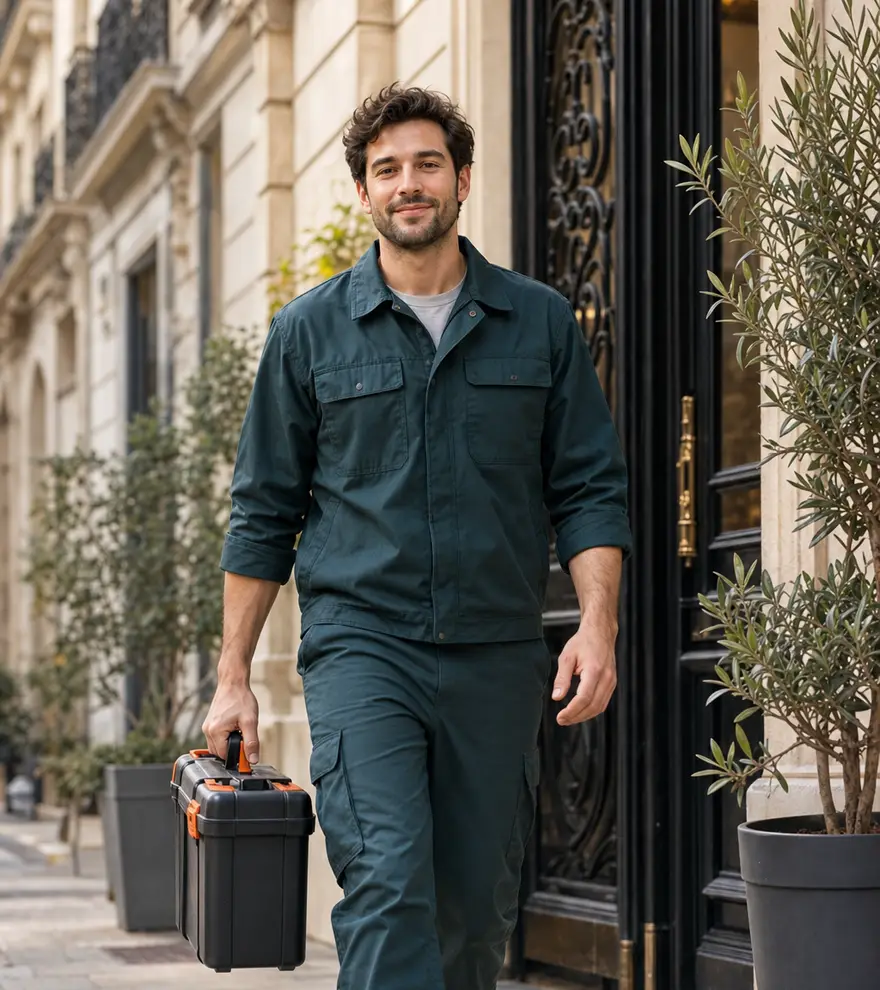 Artisan avec sa caisse à outils devant un immeuble parisien